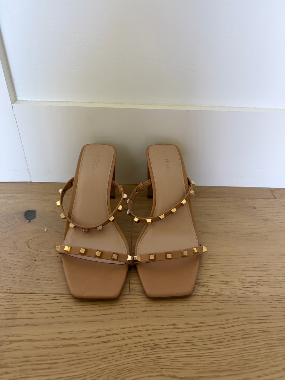 Square-Toe Tan Studded Slide Sandals